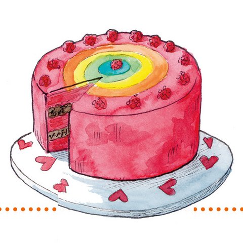 Rosa Torte mit regenbogenfarbener Deko und Herzen