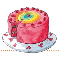 Rosa Torte mit regenbogenfarbener Deko und Herzen