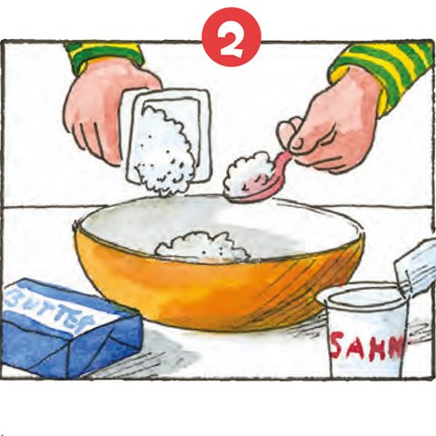 Quark, Butter, Sahne mit Löffel in Schüssel geben.