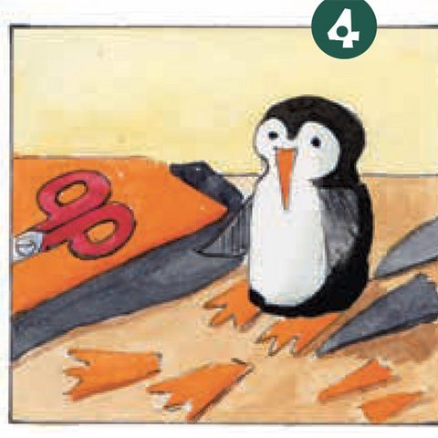 Pinguin mit Nase und Füßen aus orangem Papier ausgrschnitten.