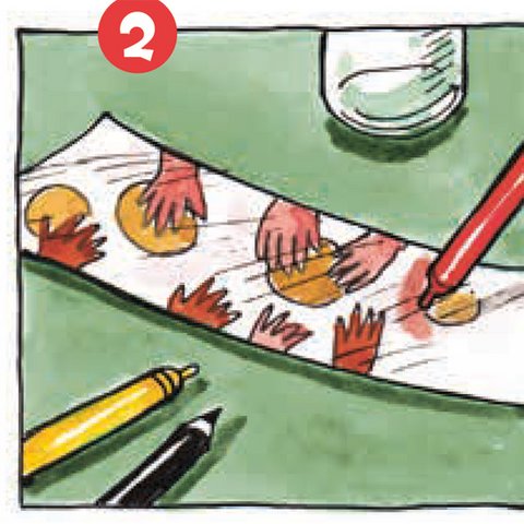 Papier mit bunten Stiften mit Händen und Münzen bemalen.