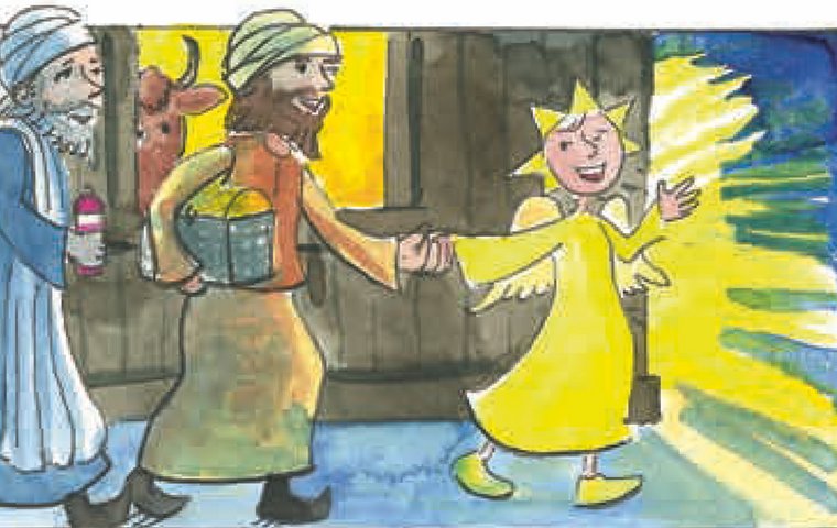 Gelb leuchtender Engel führt die Weisen in Stall.