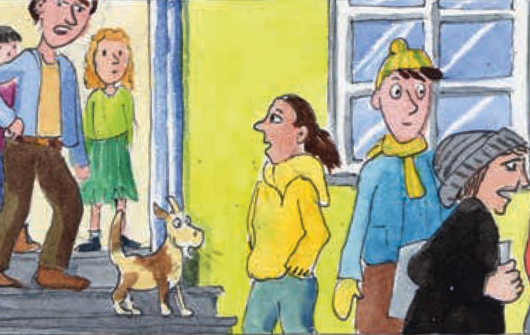 Vater mit Hund spricht zu Schuldeneintreibern vor Haustür.