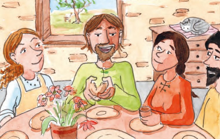 Jesus sitzt mit Familie an gedecktem Tisch.