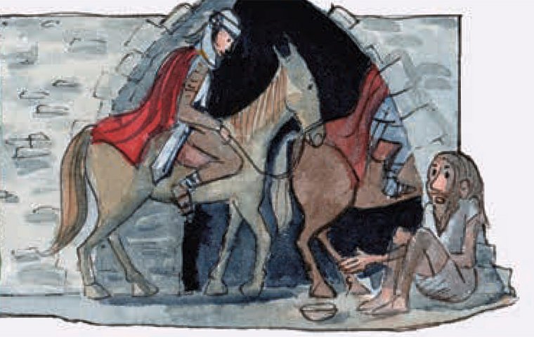 Martin auf seinem Pferd hält neben Bettler vor Stadttor.