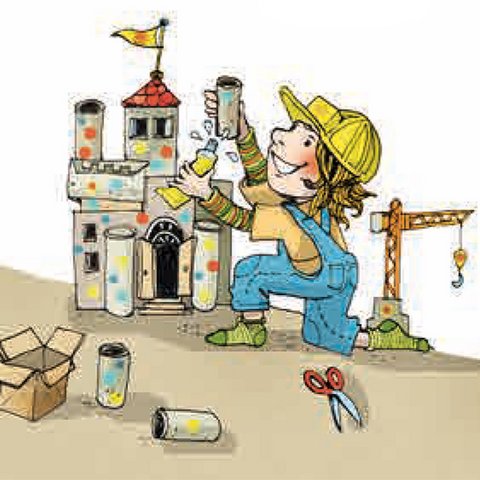 Kind baut aus Kartonresten und leeren Klopapierrollen Schloss.