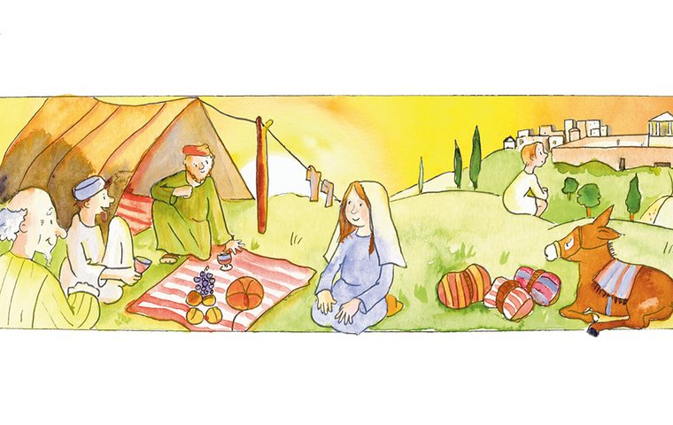 Jesus zeigt, was er kann Jesus und Familie lagern vor dem Tempel