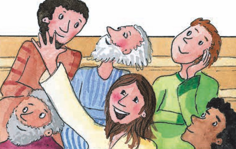 Großaufnahme sprechender Jesus mit 5 Jüngern