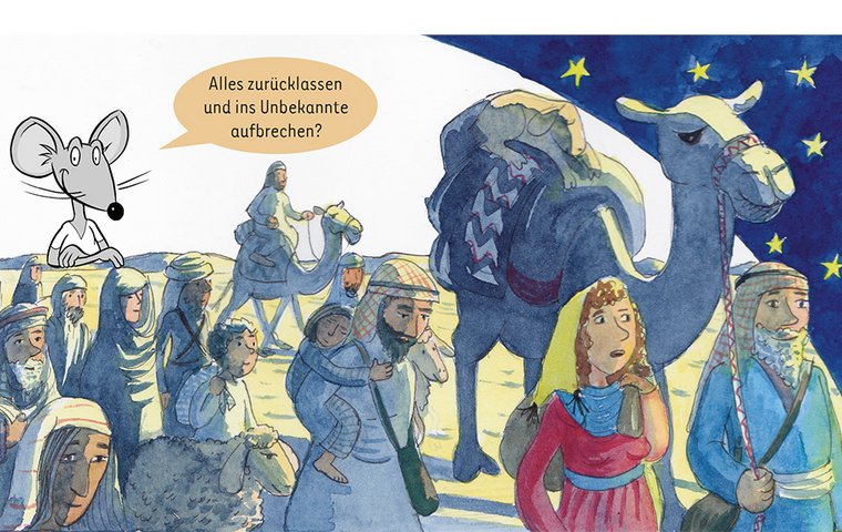 Sarah und Abraham mit Karawane in nächtlicher Wüste.