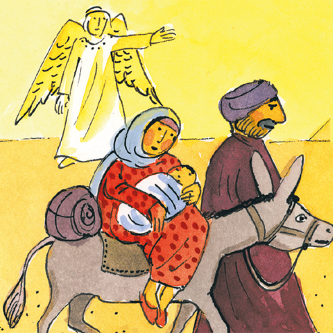 Engel zeigt Josef und Maria mit Jesuskind auf Esel den Weg.