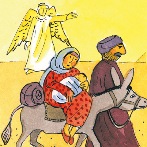 Himmlische Boten Engel zeigt Josef und Maria mit Jesuskind auf Esel den Weg.