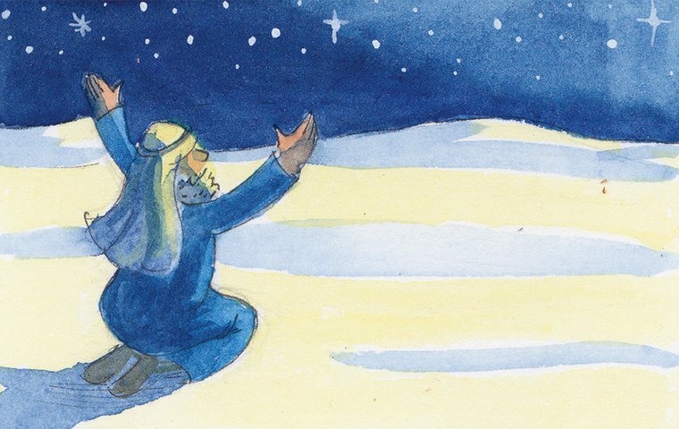 Abraham sitzt mit ausgebreiteten Armen unter Sternenhimmel in Wüste.