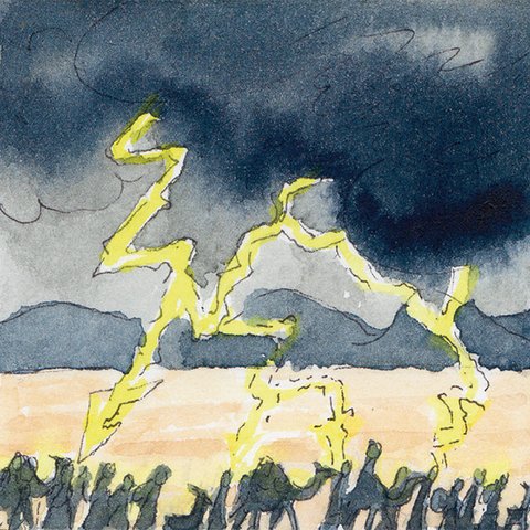 Karawane im Gewitter mit Blitzen und dunklen Wolken