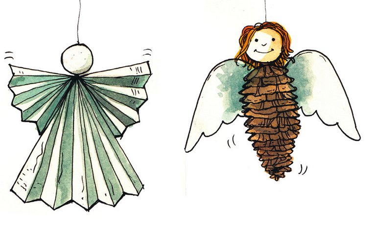 Engel Engel aus gefaltetem Papier und Tannenzapfen