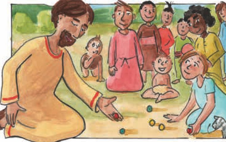 Jesus sitzt auf dem Boden und spielt mit den Kindern mit Murmeln.