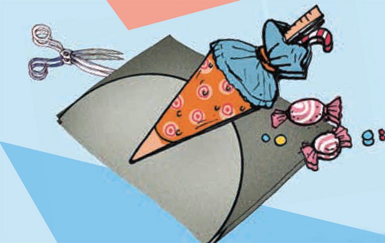 Orange-blaue Schultüte mit Bonbons und Bastelvorlage