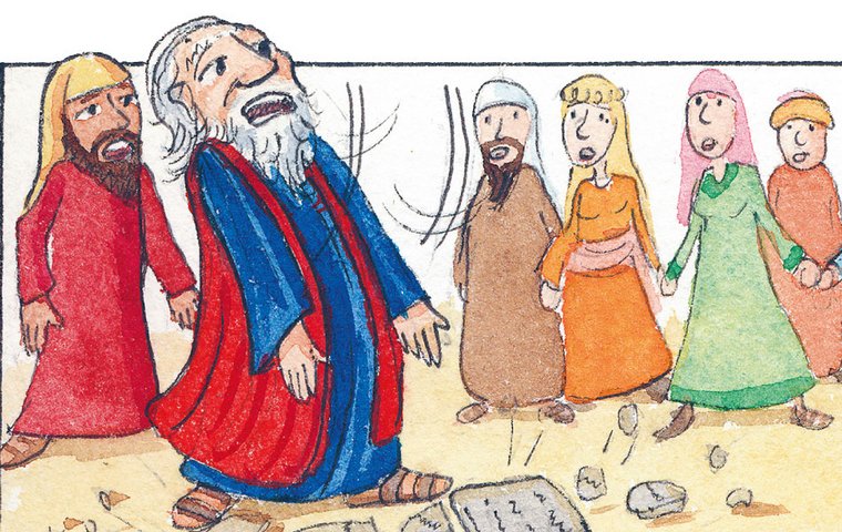 Vor Wut zerbricht Mose die Steintafeln am Boden.