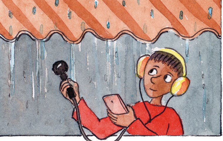 Kind mit Kopfhörer und Mikro nimmt Regentropfen auf.