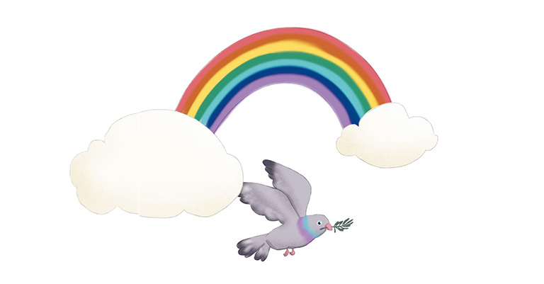 Zwei Wolken mit Regenbogen und Taube