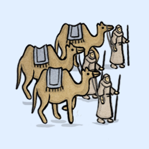 Drei Männer mit Kamelen