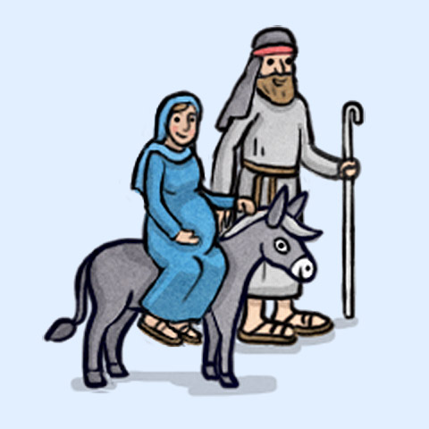 Maria und Joseph auf dem Weg nach Bethlehem Joseph und schwangere Maria auf einem Esel