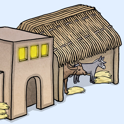 Stall mit Esel und Ochsen Esel und Ochse in Stall