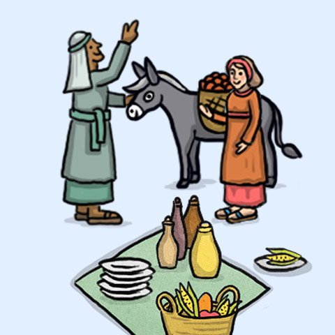 Mann und Frau mit Esel auf Markt